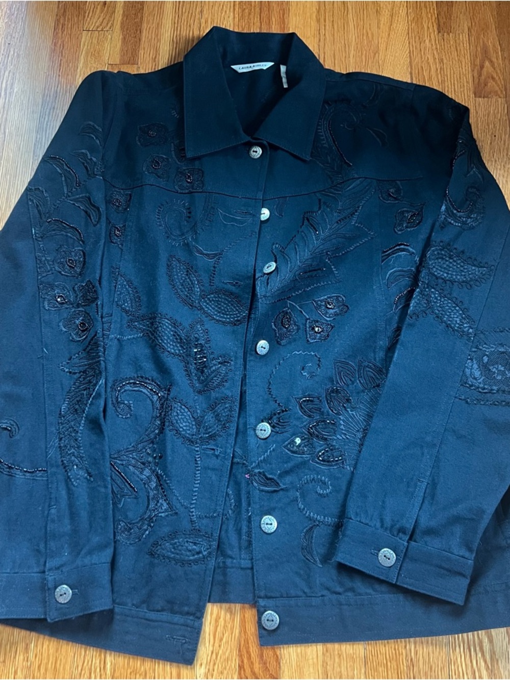 Laura Ashley Black Embroidered Beaded Jean Jacket